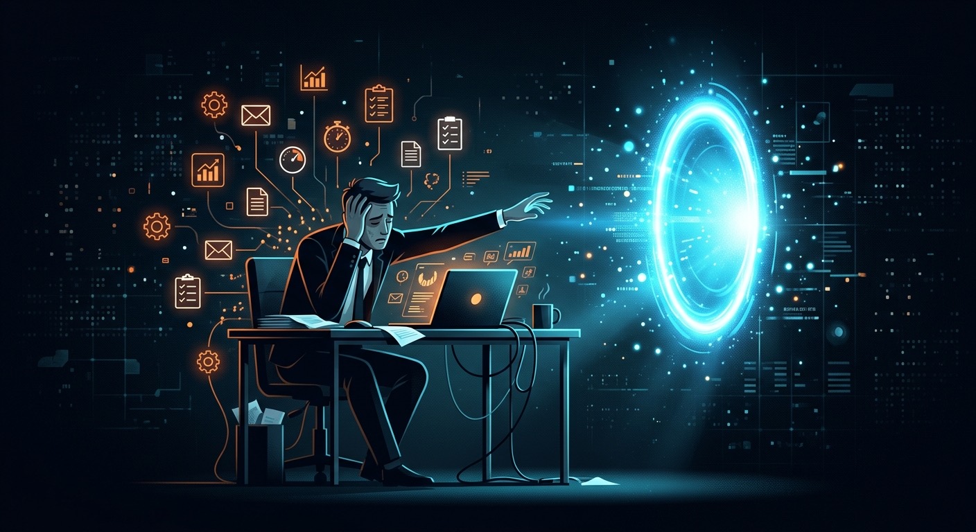 Business owner overwhelmed by tasks, reaching toward AI solution